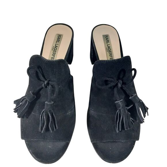 KARL LAGERFELD! BLACK GENUINE SUEDE LEATHER BOW & TASSEL PEEP TOE MULES! SZ 8M - Picture 4 of 10